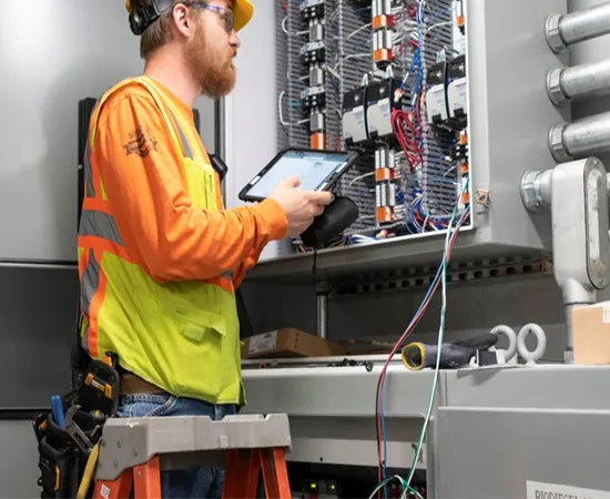 Engineer commissioning a control panel with test equipment