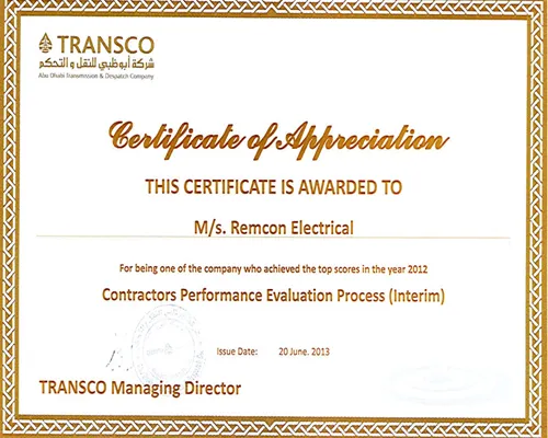 Certificate of appreciation awarded to RemCon Electrical