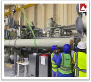 Site team assembling gas-insulated switchgear pipework